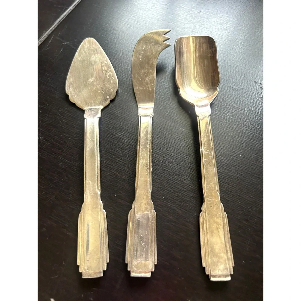 Vintage Godinger Japan Silverplate Serving Set 3 Art Deco Ice Spoon and Knives